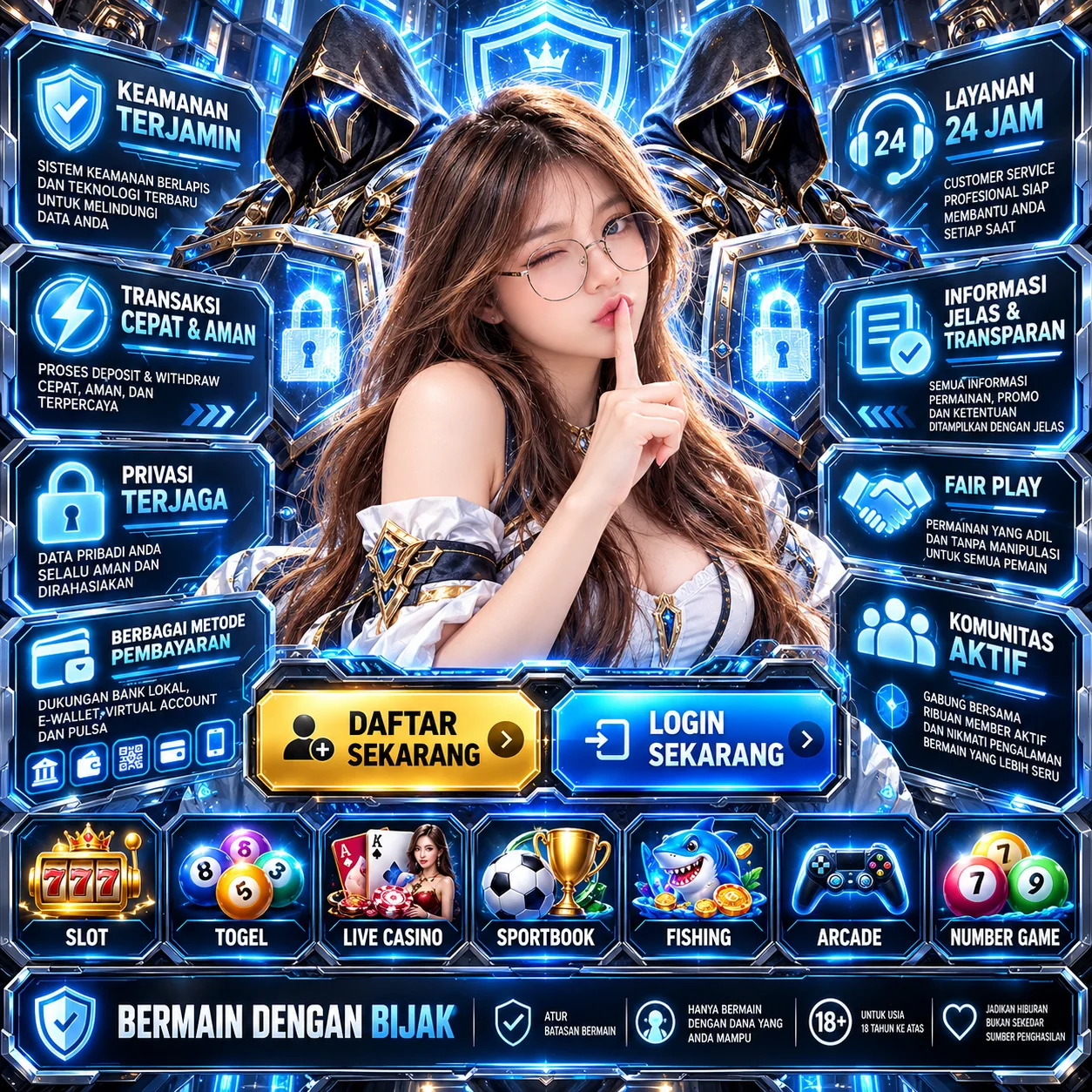 Banner SENSASLOT tema biru neon dengan informasi hiburan digital
